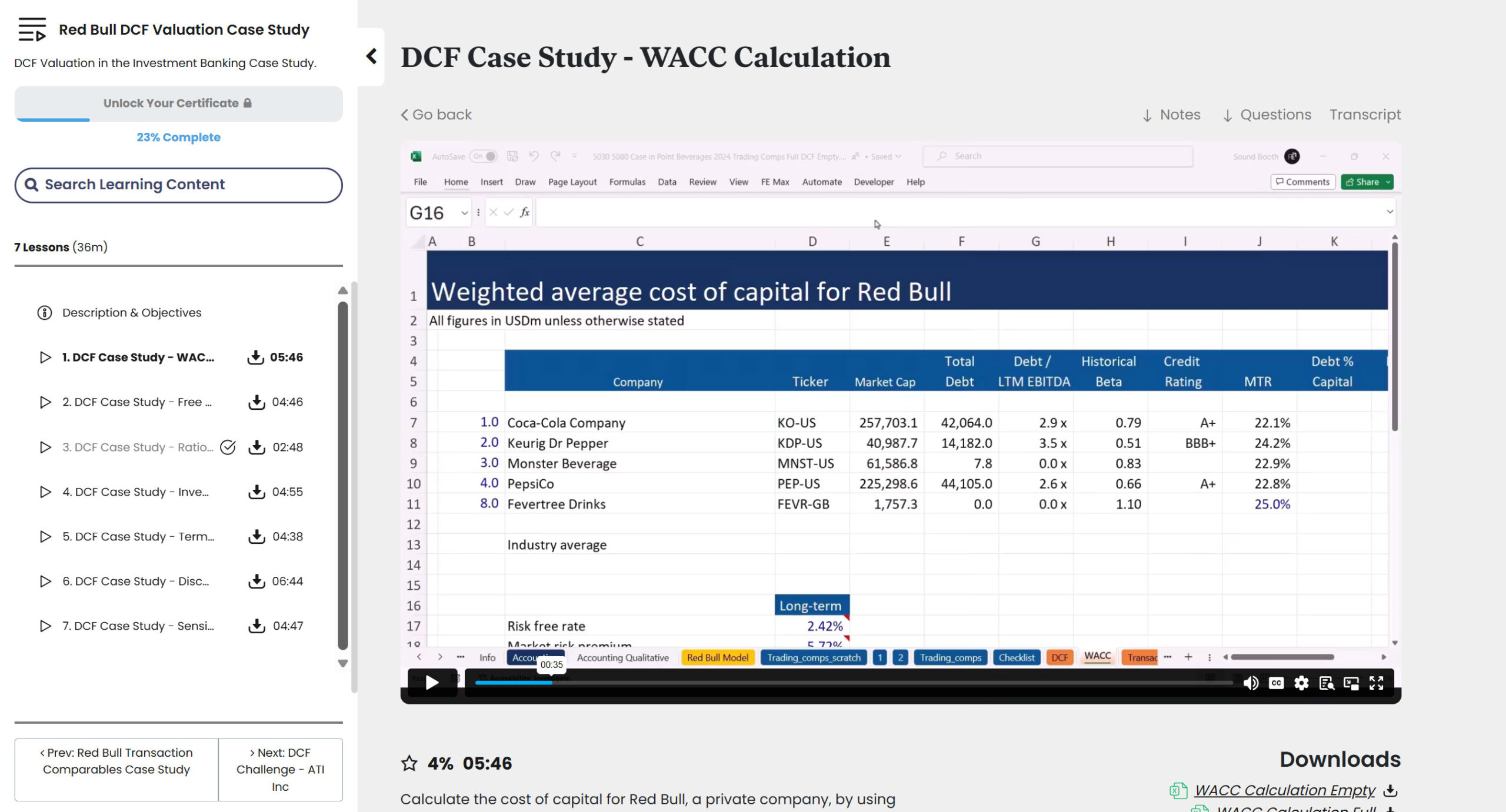 DCF case study screenshot from Financial Edge's Portfolio Management course