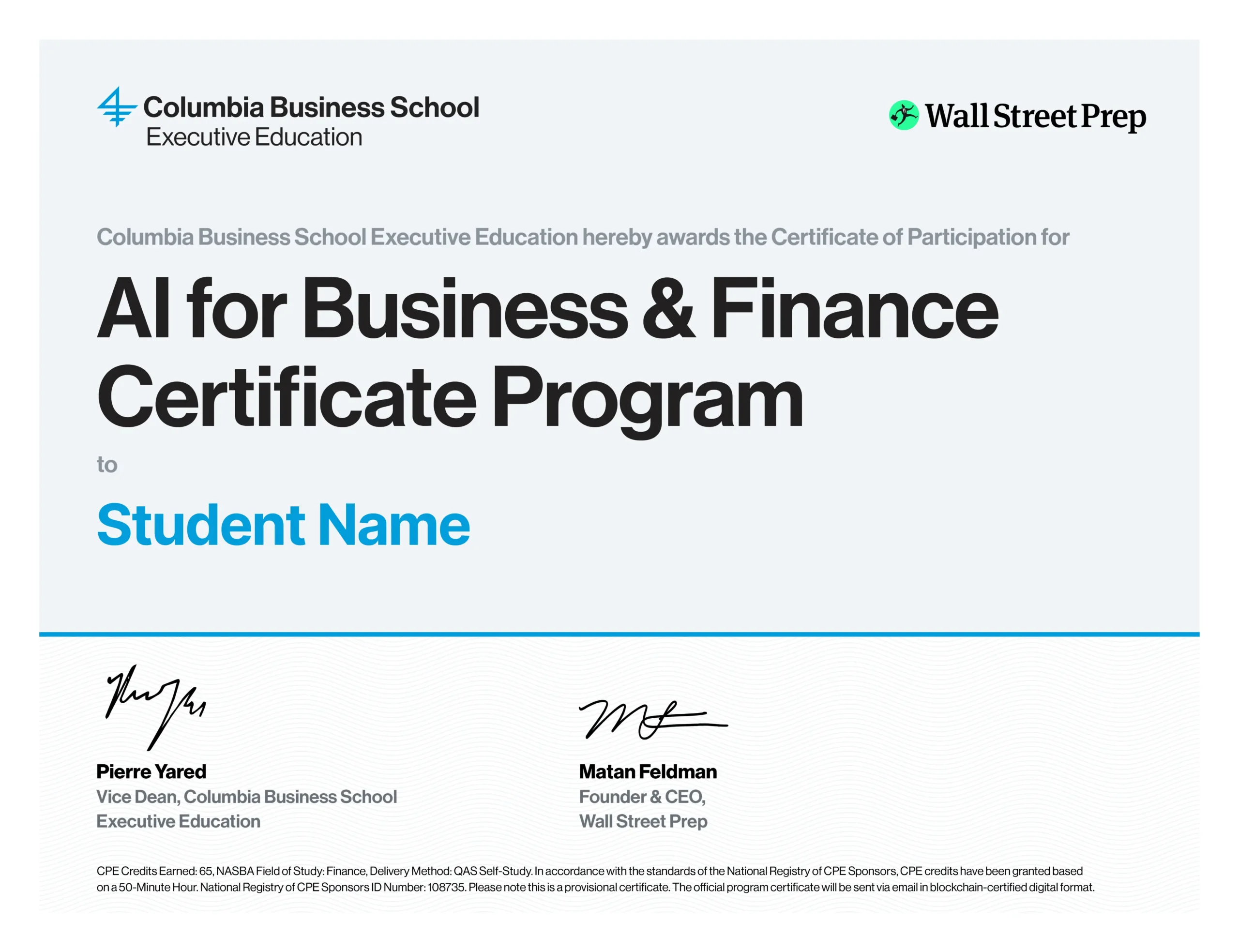 Columbia Online Wall Street Prep AI for Business & Finance Program Certificate